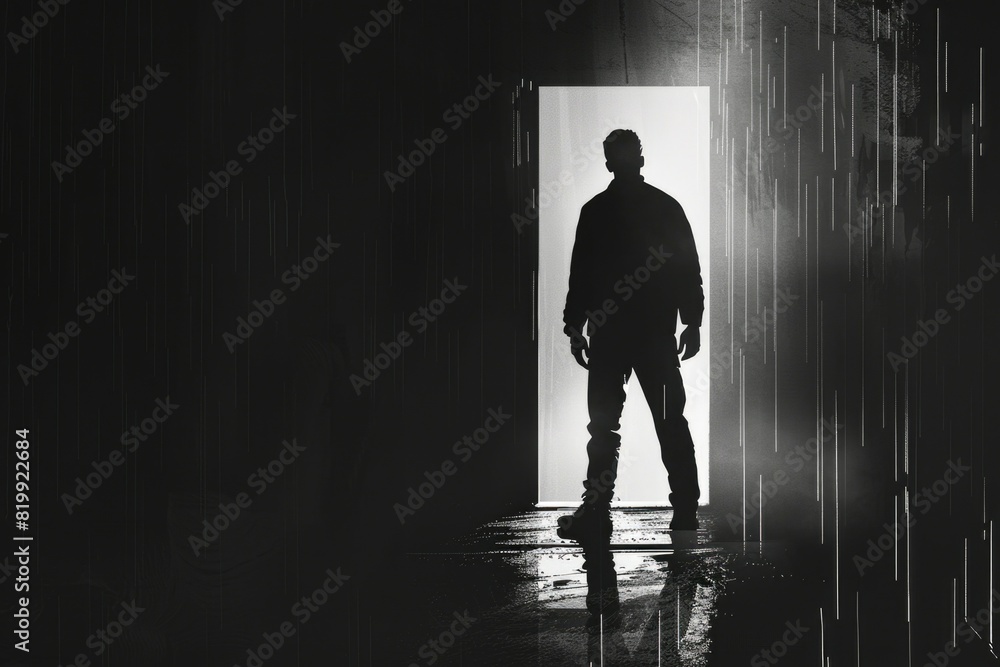 A man standing in a dark room with an open door. Perfect for mystery or suspense themes A man standing in a dark room with an open door. Perfect for mystery or suspense themes