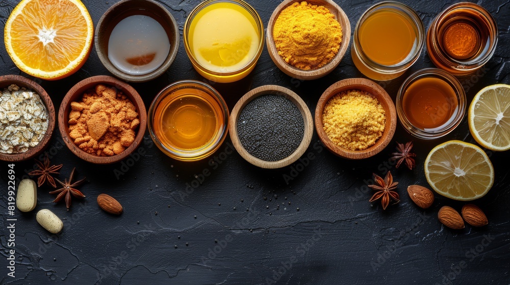 A table with bowls of different foods and spices, AI A table with bowls of different foods and spices, AI