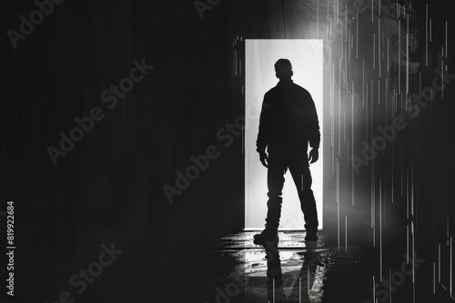 A man standing in a dark room with an open door. Perfect for mystery or suspense themes