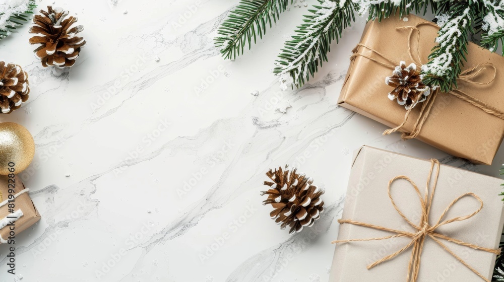 Christmas and New Year holiday background. Xmas greeting card. Christmas gifts on white marble background top view. Flat layout Christmas and New Year holiday background. Xmas greeting card. Christmas gifts on white marble background top view. Flat layout
