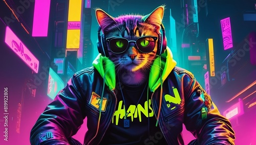 vibrant fluorescent comic paint splashes DJ cute cat wearing a leather jacket and sunglasses