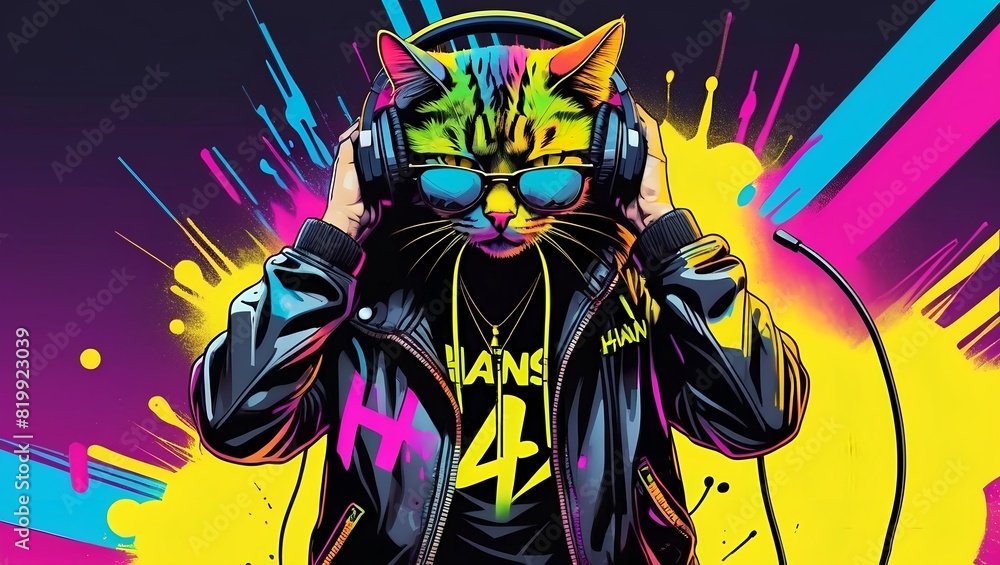 vibrant fluorescent comic paint splashes DJ cute cat wearing a leather jacket and sunglasses