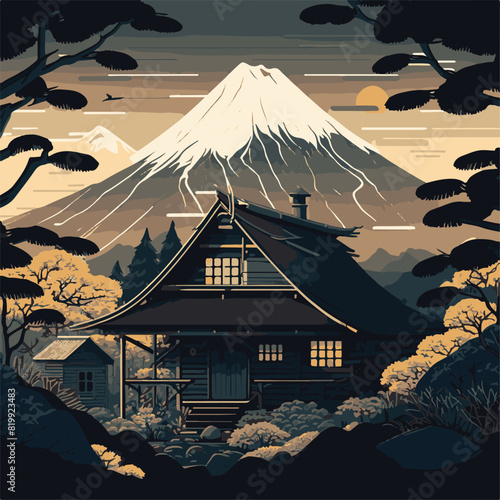 Japanese House with Mount Fuji Background Vector File. Unique and cool design. Generated AI Results - Artificial Intelligence