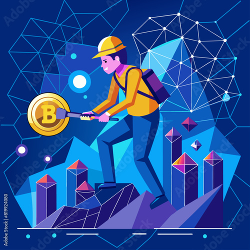 Abstract digital miner extracting cryptocurrency. Blockchain technology and digital currency concept. Low poly wireframe vector illustration on technological blue background.