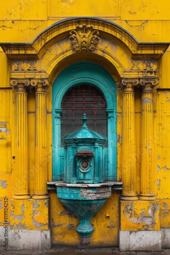 A blue and yellow building with a water fountain in front of it, AI