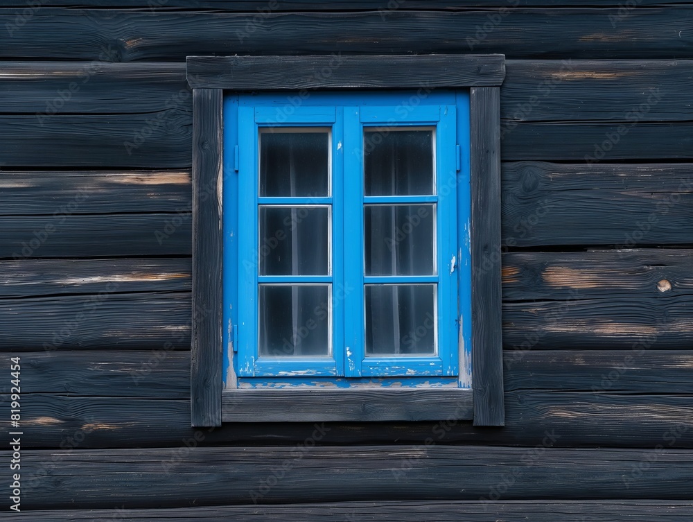 A blue window with wooden frames sits in front of a wooden wall A blue window with wooden frames sits in front of a wooden wall