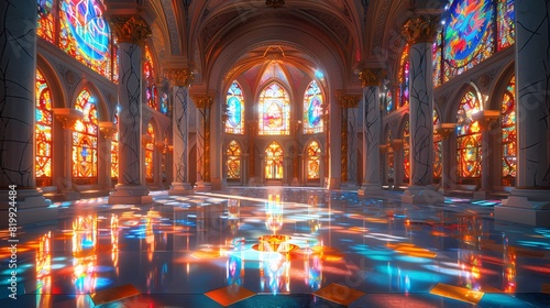 The interior of a grand cathedral, with intricate stained glass windows casting colorful patterns on the polished stone floor