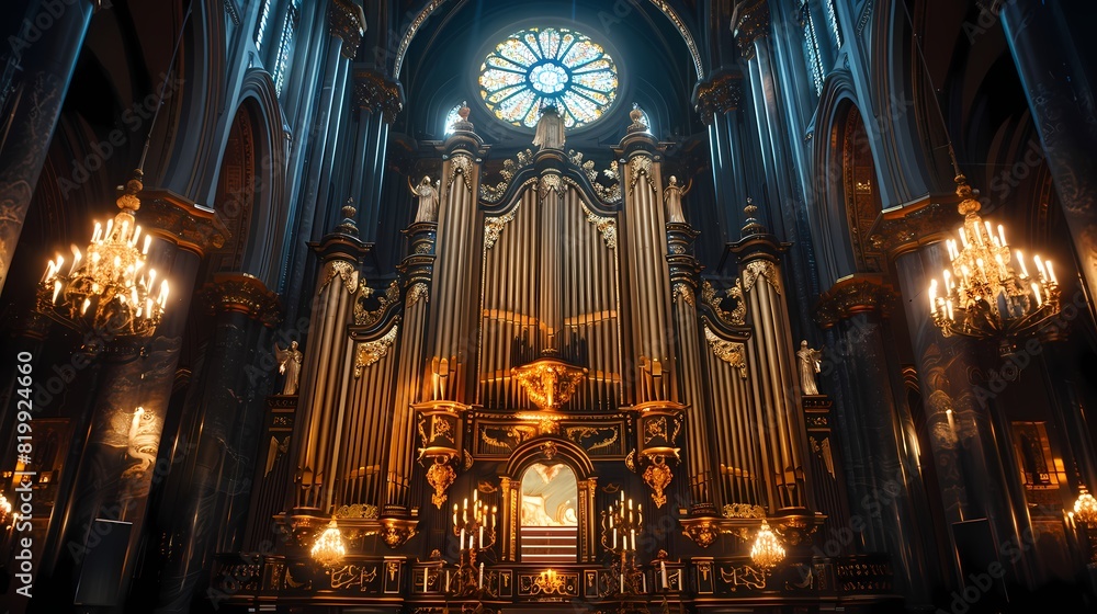 Inside a majestic cathedral, the intricate details of the towering organ pipes illuminated by soft candlelight