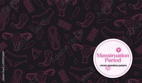Vector flat background with menstruation period symbols includes hygeine pads, tampons, menstrual cups, pills, underwear in pink-grey colors.
