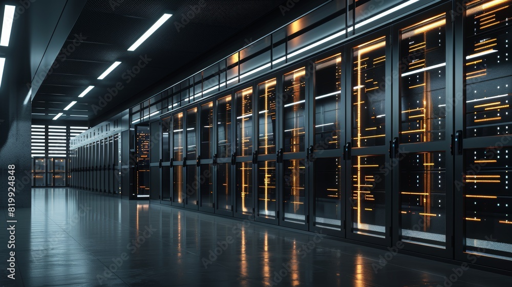 A modern data center with rows of illuminated server racks, featuring a blank space on one side for text or graphics, highlighting the advanced technology environment A modern data center with rows of illuminated server racks, featuring a blank space on one side for text or graphics, highlighting the advanced technology environment