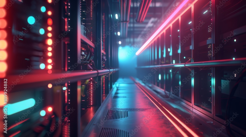 An aisle in a data center with neatly organized cables and glowing server lights, with a clear, empty area in the foreground for adding text or graphics An aisle in a data center with neatly organized cables and glowing server lights, with a clear, empty area in the foreground for adding text or graphics