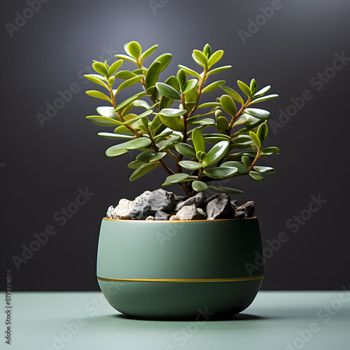 small green pot with a red tree placed on a table with a beautiful pile of rocks surrounding it Generative AI