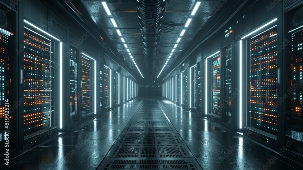 A modern data center corridor featuring LED-lit servers and a transparent overlay of AI analytics, leaving the bottom third blank for content placement A modern data center corridor featuring LED-lit servers and a transparent overlay of AI analytics, leaving the bottom third blank for content placement