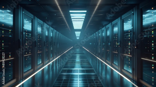 A modern data center corridor featuring LED-lit servers and a transparent overlay of AI analytics, leaving the bottom third blank for content placement