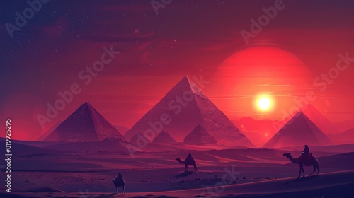 A photo of desert men with camels walking journey concept night view Pyramids of giza