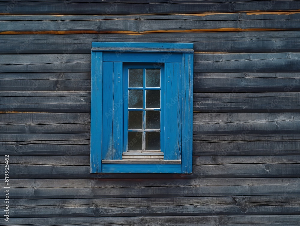 A blue window with a wooden frame sits in front of a wooden wall A blue window with a wooden frame sits in front of a wooden wall