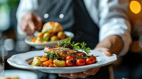 A chef is holding a plate of food  which includes a grilled chicken  vegetables  and tomatoes