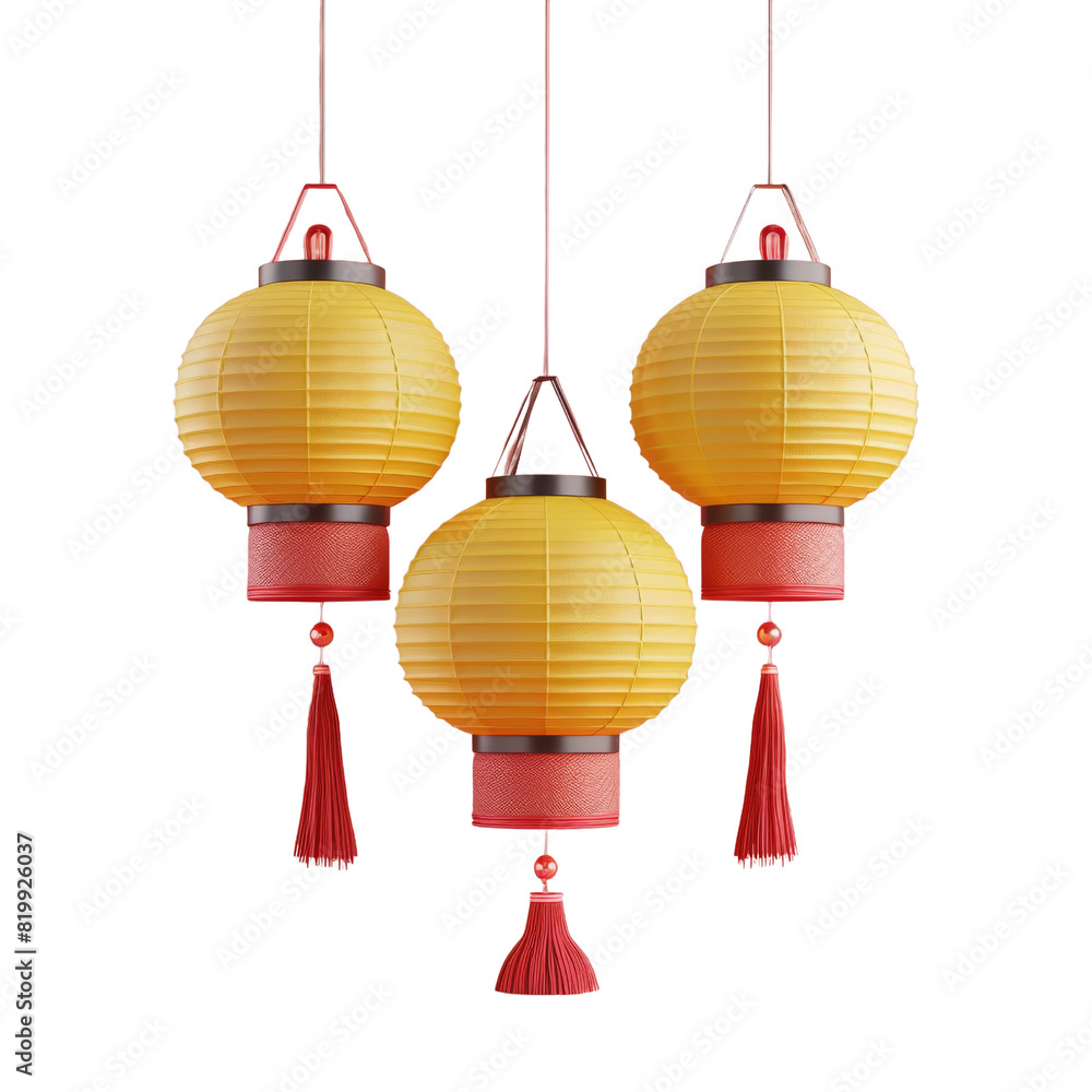 Three bright yellow lanterns suspended from a ceiling against a transparent background Three bright yellow lanterns suspended from a ceiling against a transparent background