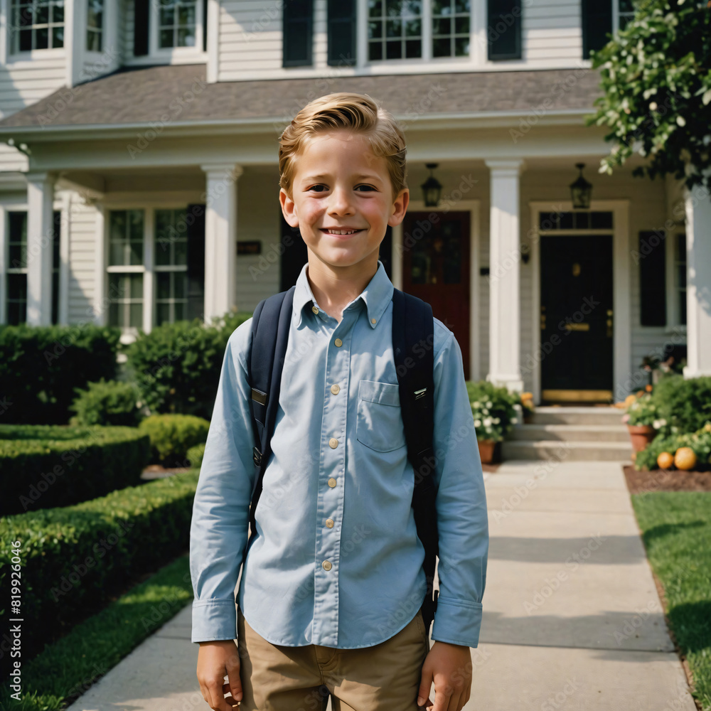 A young happy boy smiles brightly in front of a house, dressed in a school uniform with a backpack, ready for a new school day, back to school A young happy boy smiles brightly in front of a house, dressed in a school uniform with a backpack, ready for a new school day, back to school