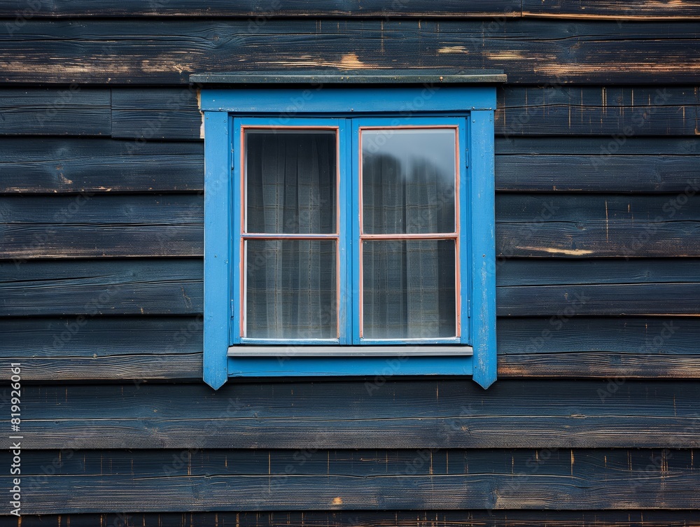 A blue window with wooden frames sits in front of a wooden wall A blue window with wooden frames sits in front of a wooden wall