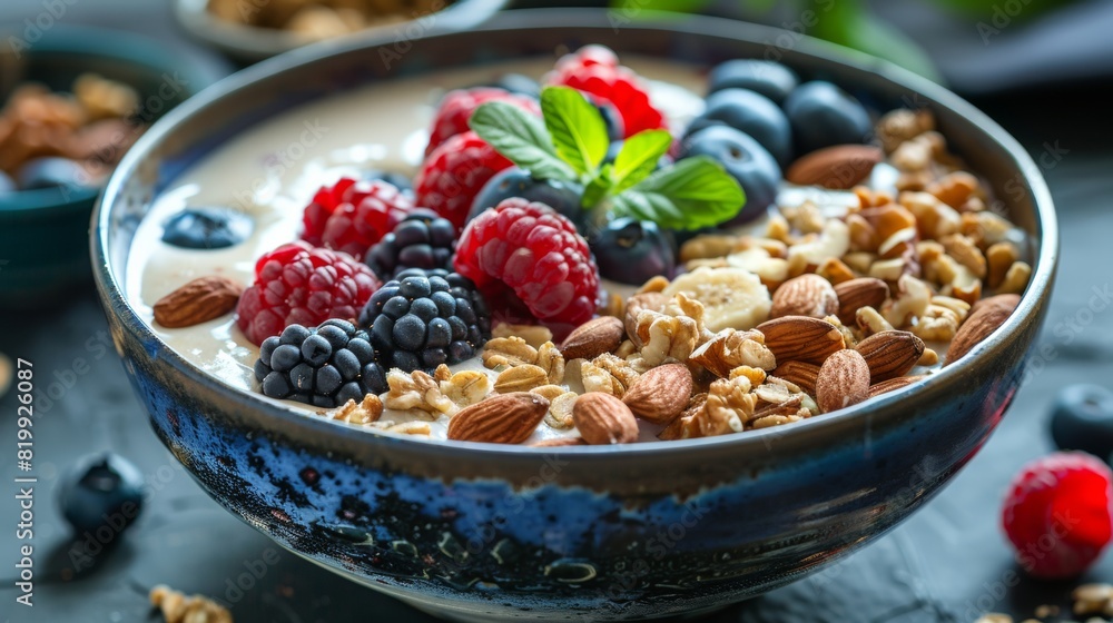 Nutrition-Focused Breakfast Scene: Low-Carb Smoothie Bowl With Fresh Berries and Nuts, Styled for a Health-Conscious Audience Nutrition-Focused Breakfast Scene: Low-Carb Smoothie Bowl With Fresh Berries and Nuts, Styled for a Health-Conscious Audience