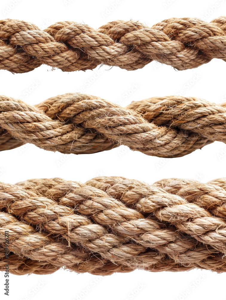 Detailed close-up of a rope on a white background, showing twisted fibers and texture