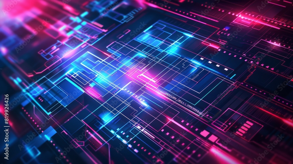 Complex circuit board design with glowing blue and pink lines, illustrating advanced technology and modern electronic innovation in a futuristic style. Complex circuit board design with glowing blue and pink lines, illustrating advanced technology and modern electronic innovation in a futuristic style.