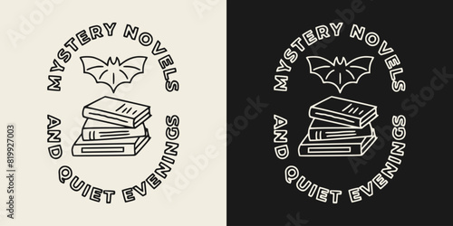 Mystery novels and quiet evenings text. Books and bat illustration design for printable products.