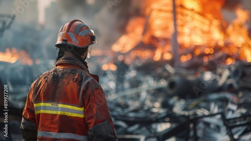 Firefighter in protective gear observing burning building debris, symbolizing bravery and emergency response in fire disaster management.