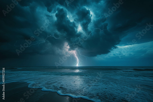 The power of nature. A single lightning bolt strikes the ocean during a summer storm.