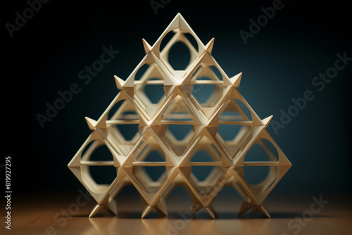 This is a 3D structure made of interlocking wooden pieces. It is a geometric sculpture that is both visually appealing and structurally sound. photo