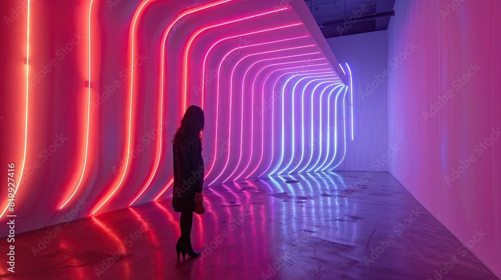 A woman stands in a long hallway with neon lights. The woman is looking at the lights and seems to be in awe of the display A woman stands in a long hallway with neon lights. The woman is looking at the lights and seems to be in awe of the display