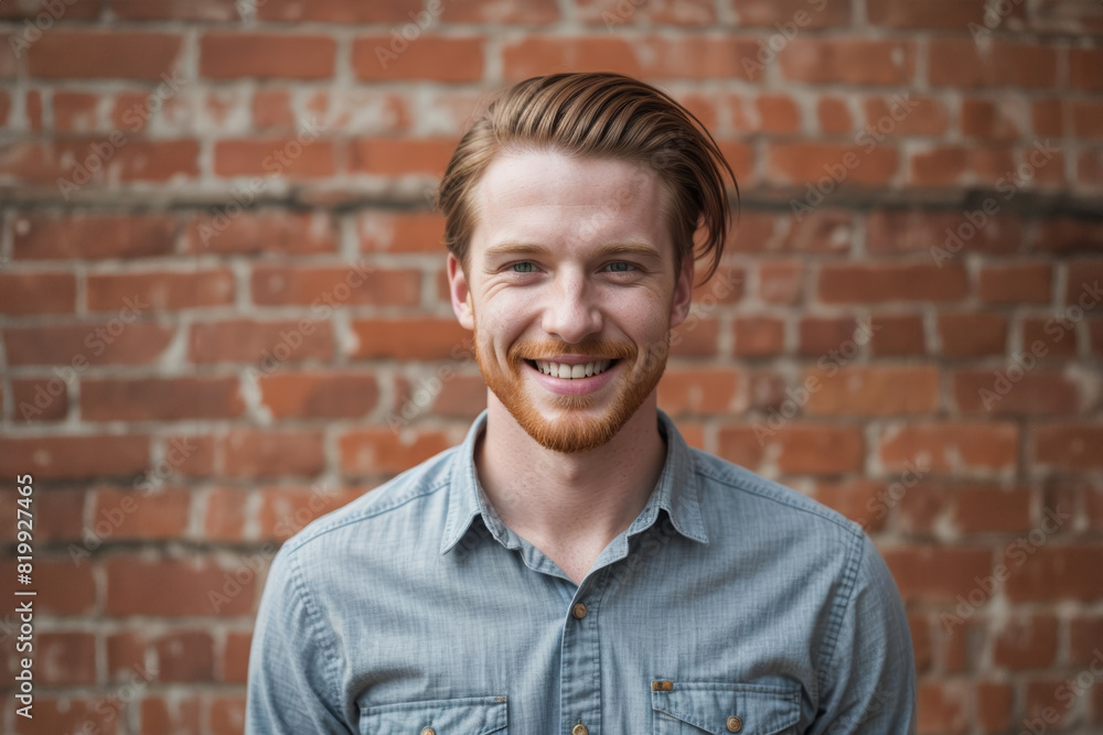Young Man With Beard Smiling in Front of Brick Wall Young Man With Beard Smiling in Front of Brick Wall