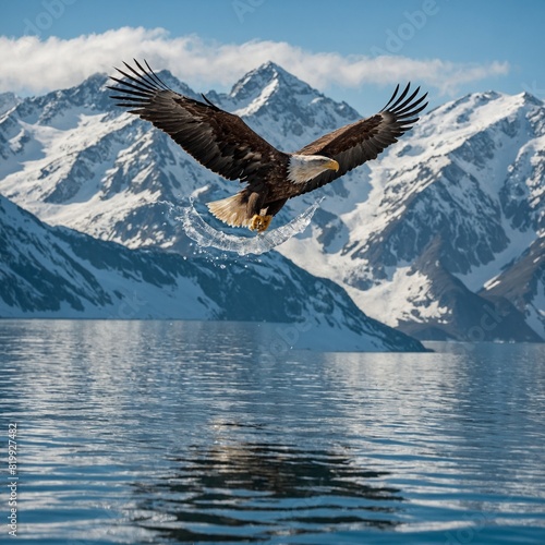 An eagle gliding above a crystal-clear sea with snow-capped mountains in the background.  