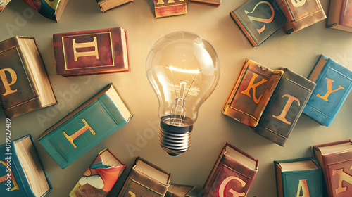 Linguistics and Languages A light bulb with a graduation cap, surrounded by books in various languages and alphabets, on an ivory background