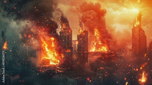 Destruction of city with fires  explosions and collapsing structures. Concept of war and disaster