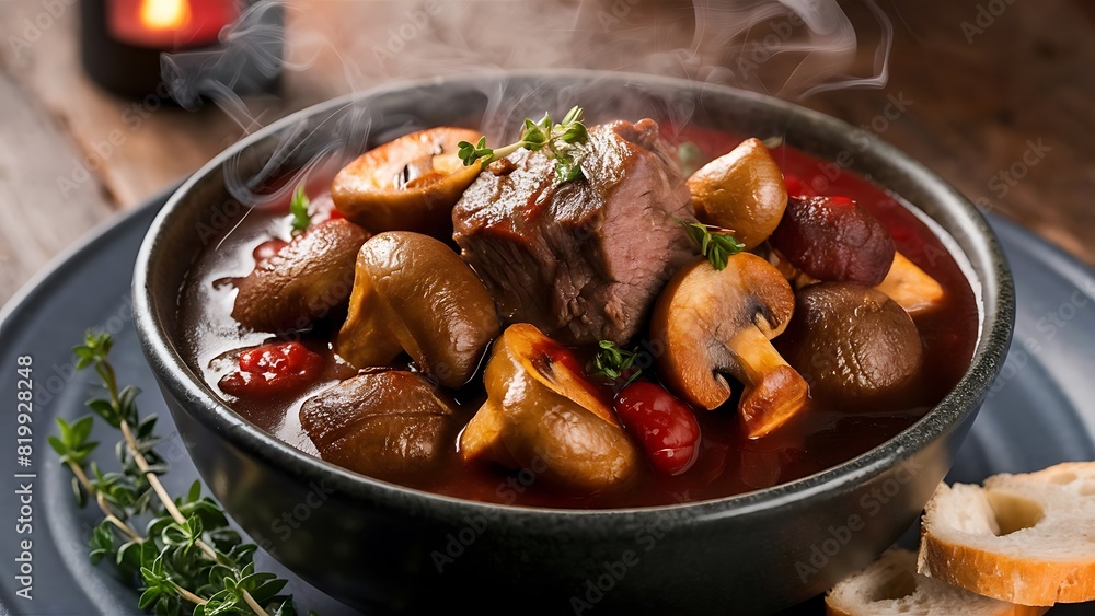 A mouthwatering and vibrant food photography of Boeuf Bourguignon. A mouthwatering and vibrant food photography of Boeuf Bourguignon.