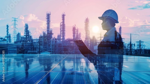 double exposure of smart engineer maintenance in solar power plant checking installing photovoltaic solar modules with digital tablet with Oil and gas refinery industry plant background