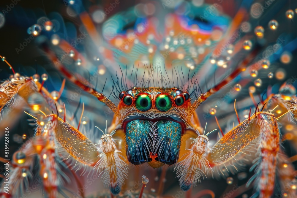 A spider with long legs and a long body. The spider has a green eye and two red eyes A spider with long legs and a long body. The spider has a green eye and two red eyes