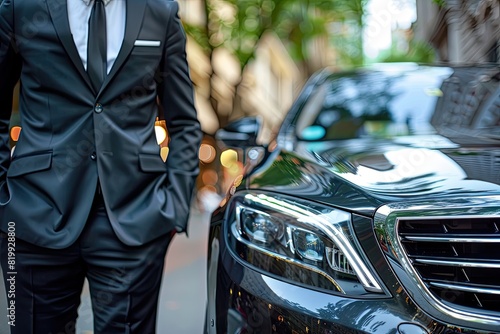 A man in a suit stands in front of a black car. The man is wearing a tie and he is a businessman. The car is parked on a street and has a shiny, polished exterior © At My Hat