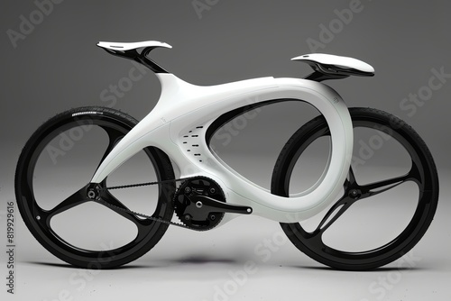 A modern white bicycle with black spokes standing on a plain gray background