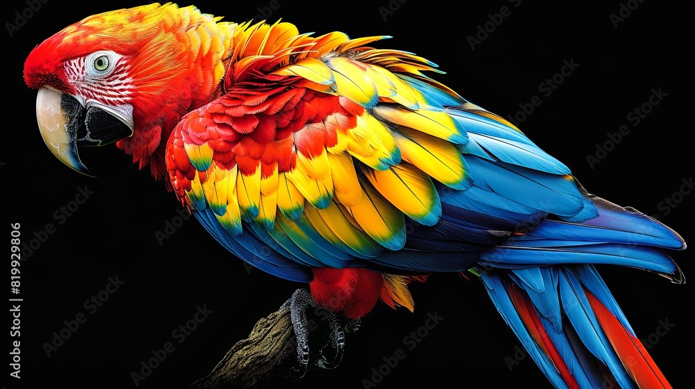 Fototapeta premium Vibrant macaw with striking red, yellow, and blue feathers perched on a branch against a black background in a stunning display of colors.
