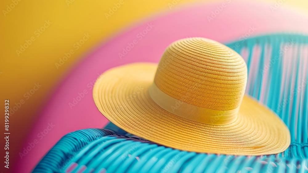 Vibrant yellow sun hat on a colorful chair, perfect for summer and beach themes. Bright and cheerful design with vivid colors. Vibrant yellow sun hat on a colorful chair, perfect for summer and beach themes. Bright and cheerful design with vivid colors.