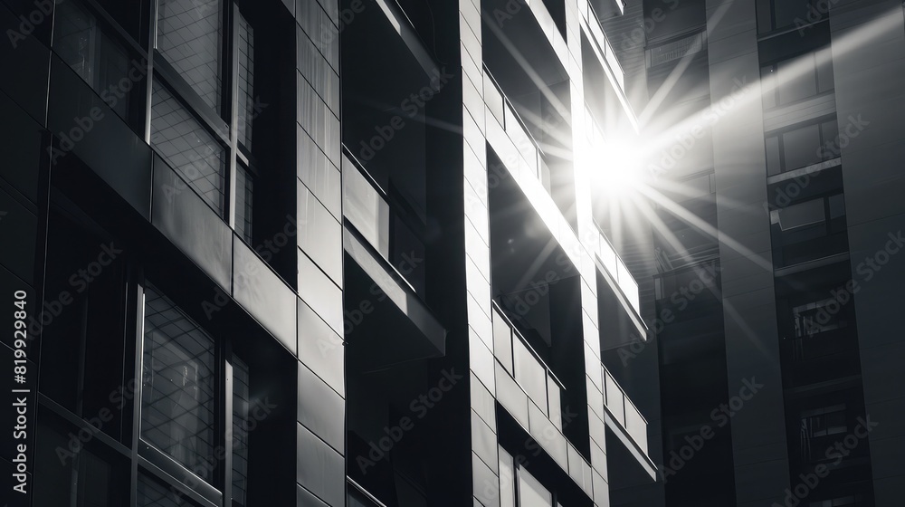Sun rays light effects on urban buildings in sunset. Modern office ...