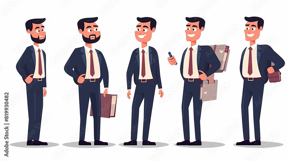 Set of businessman character vector design. Presentation in various action with emotions, running, standing and walking. People working in office planning, thinking and economic analysis Set of businessman character vector design. Presentation in various action with emotions, running, standing and walking. People working in office planning, thinking and economic analysis