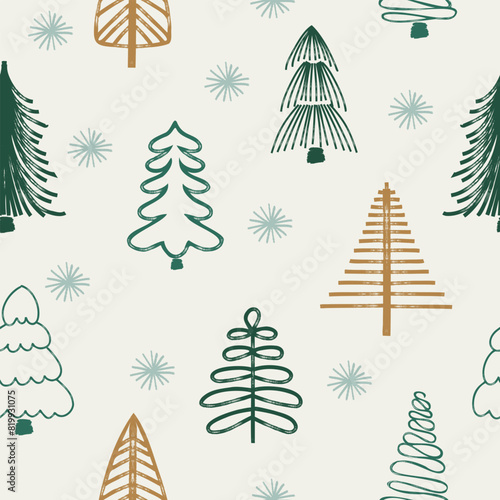 Seamless pattern with Christmas trees. Brush painted stylized print for New Year and Christmas holiday.