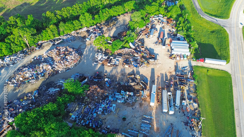 Small town recycling center near service road, pile of ferrous, nonferrous scrap metals, vehicle parts in Mountain Grove MO, vehicle part, old appliance, electronics, environmental risks, aerial photo