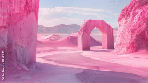 Escapism aesthetic  background.Desert valley with sand dunes and mountains scene. Sunset soft light. Surrealism atmospheric installation of magic pink arch. Loneliness escape feeling. photo