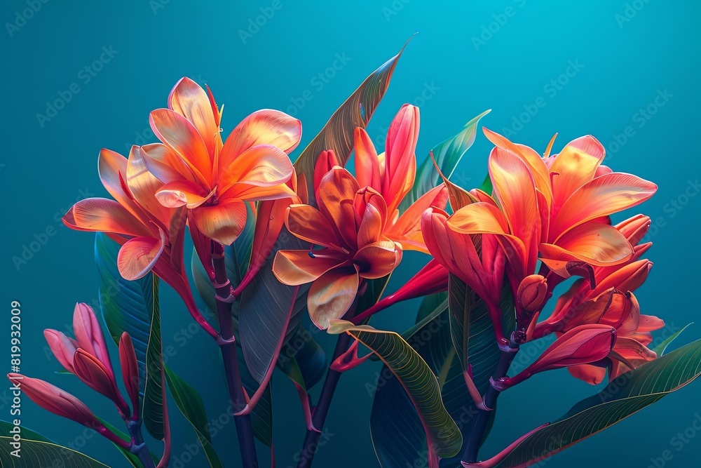 Design a tropical flower arrangement for vibrant posters side view robotic tone Tetradic color scheme, high definition Design a tropical flower arrangement for vibrant posters side view robotic tone Tetradic color scheme, high definition