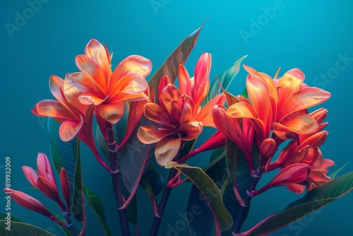 Design a tropical flower arrangement for vibrant posters side view robotic tone Tetradic color scheme, high definition